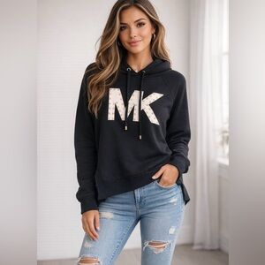 Michael Kors Black Hoodie White MK Logo Gold Studs Side Slits Size M NWOT